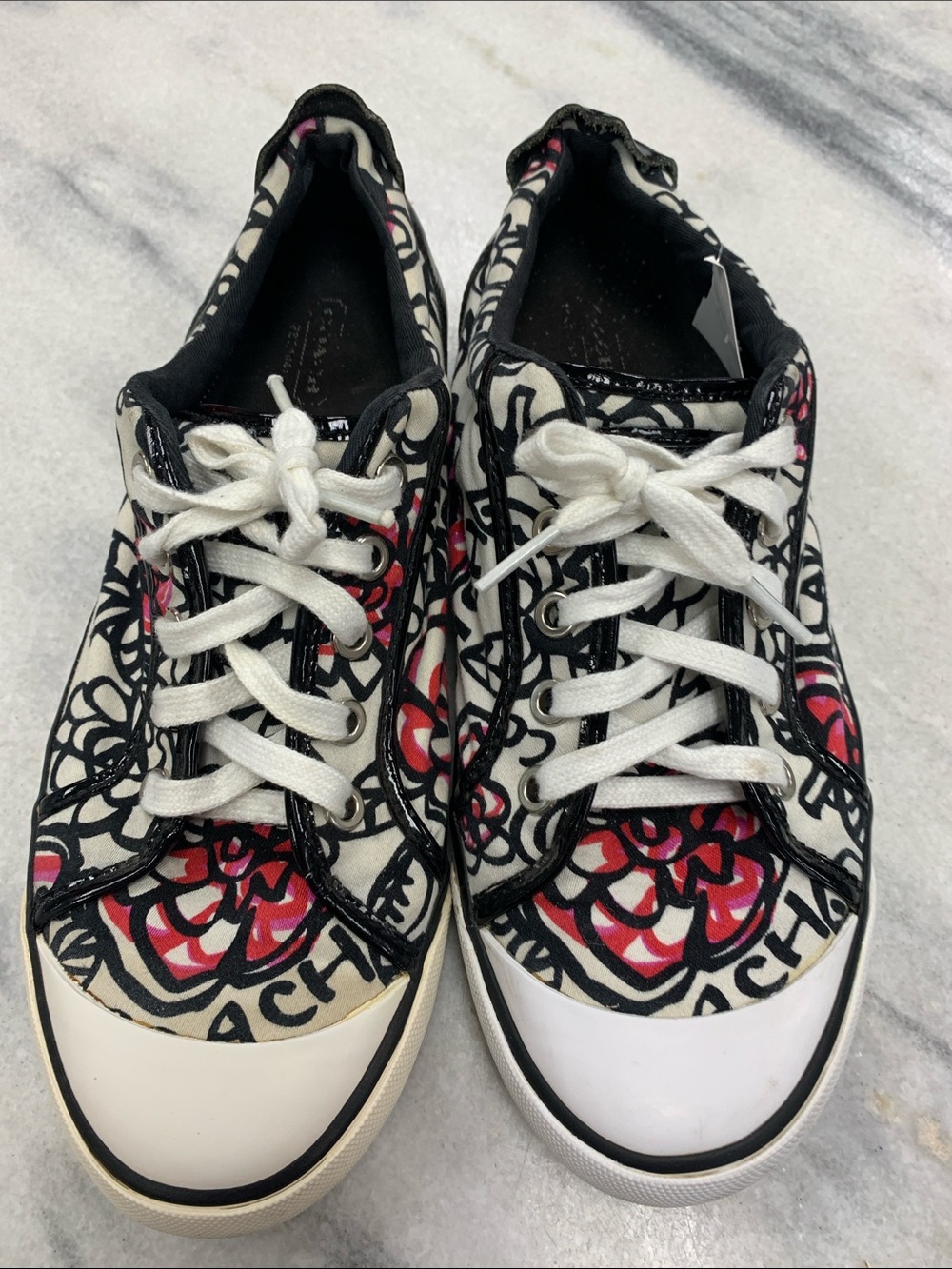Coach White, Black & Pink Lace-Up Floral Graphic Sneakers